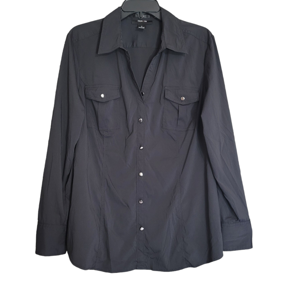 Style&Co Y2K Black Long Sleeve Button Down Utility Blouse Size 14